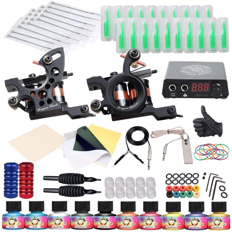 Photo 1 of Dragonhawk Traditional Pro Complete Tattoo Kit - Two Machines Gun Easy Use 10 Color Inks Power Supplies Disposable Needles Grips Great for Beginners & Starter Tattoo Aritsts 11-85