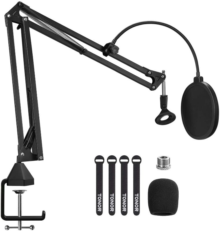 Photo 1 of Microphone Arm Stand, TONOR Adjustable Suspension Boom Scissor Mic Stand with Pop Filter, 3/8" to 5/8" Adapter, Mic Clip, Upgraded Heavy Duty Clamp for Blue Yeti Nano Snowball Ice and Other Mics(T20)
