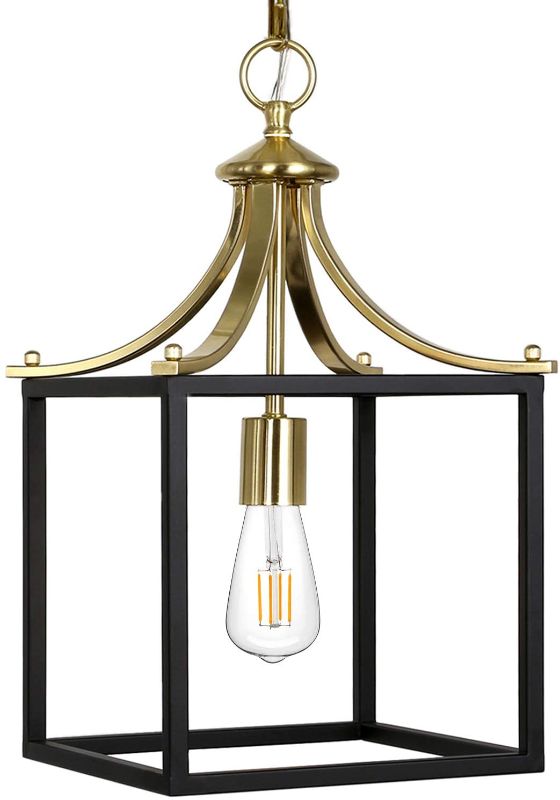 Photo 1 of 1-Light Lantern Pendant Light, Square Metal Cage Hanging Light, Adjustable Chain, Pendant Light Hanging Lantern Lighting Fixture for Kitchen and Dining Room
