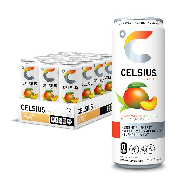 Photo 1 of Celsius Peach Mango Green Tea - 12 pack, 12 fl oz cans EXP 12/22