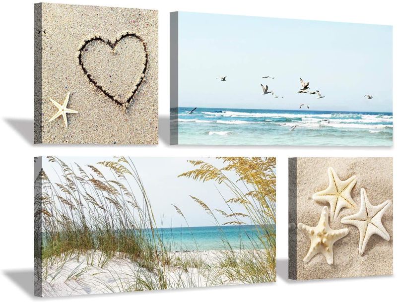 Photo 1 of Coastal Wall Art Seascape Artwork: Sea Grass and Starfish on Beach Canvas Painting for Living Room (12” x 12'' x 2 Panels + 24” x 12” x 2 Panels)
