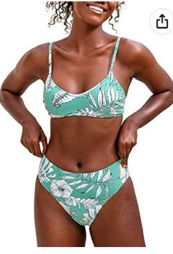 Photo 1 of CUPSHE Women's Tropical Plants Mid Waisted Bikini Middle Cut Back Hook Swimsuit with Adjustable Straps
