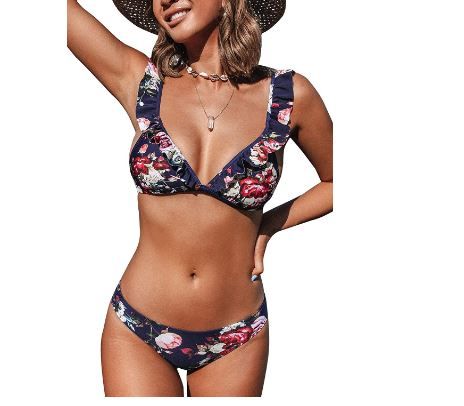 Photo 1 of CUPSHE Women's Low Rise Bikini Set Ruffled Shoulder Straps Two Pieces Swimsuits, (size large)