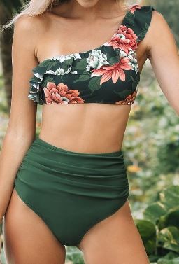 Photo 1 of Dark Green Floral One Shoulder Ruffle High Waisted Bikini (S)
