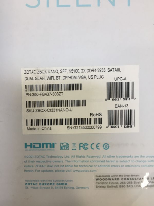 Photo 5 of Zotac ZBOX-CI331 NANO-U Zbox Nano Sffn5100 2X Ddr4-2933 SATA Dual Glan Wi-Fi Bluetooth Dp HDMI Plug Desktop Computer---CONSTANT BEEPING NOISE WHEN TURNED ON---
