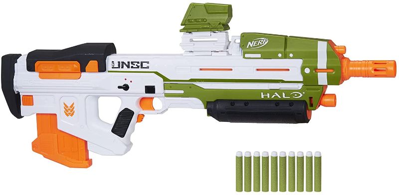 Photo 1 of NERF Halo MA40 Motorized Dart Blaster -- Includes Removable 10-Dart Clip, 10 Official Elite Darts, and Attachable Rail Riser , White
