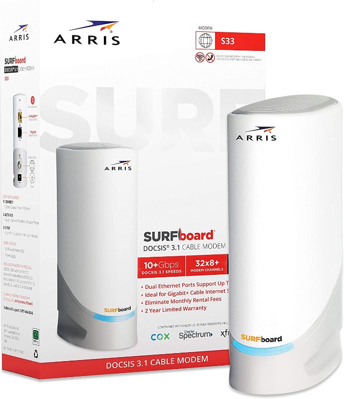 Photo 1 of ARRIS Surfboard S33 DOCSIS 3.1 Multi-Gigabit Cable Modem with 2.5 Gbps Ethernet Port, Approved for Cox, Xfinity, Spectrum & Others.
