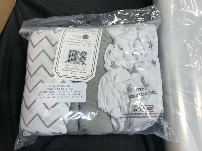Photo 1 of American Baby Company 100% Natural Cotton Value Jersey Knit Fitted Portable/Mini-Crib Sheet, Grey Star/Zigzag, 24" x 38" x 5", Soft Breathable, for Boys and Girls, Pack of 3

