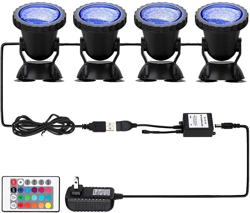 Photo 1 of DOCEAN Pond Lights Submersible Spotlight 36 LED with 16 Color, 4 Modes Angle & Brightness Adjustable IP68 Waterproof RGB LED Lights for Fountains Swimming Pool Pond, Pack of 4
