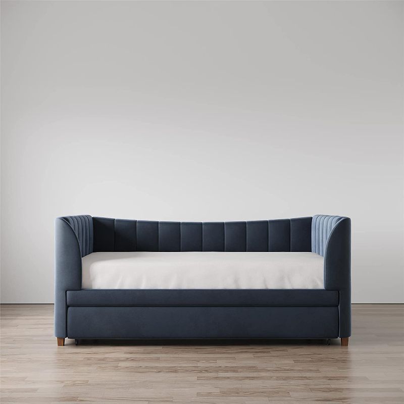 Photo 1 of INCOMPLETE SET. BOX 1 OF 2. Little Seeds Valentina Upholstered Daybed with Trundle, Twin, Blue - Product dimensions: 83.5”L x 45”W x 36”H. Net weight: 117 lbs
