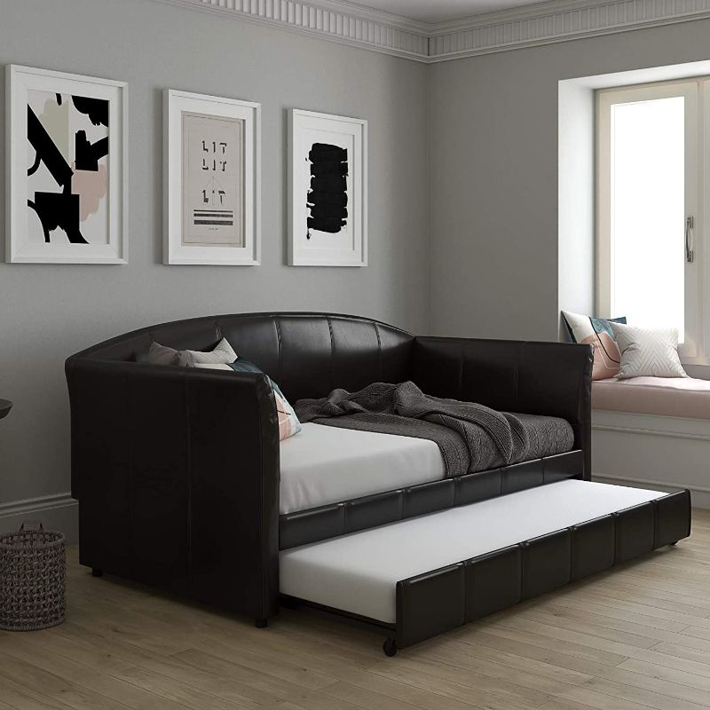 Photo 1 of INCOMPLETE SET.------- BOX 1 OF 2 DHP Halle Upholstered Daybed and Trundle, Sofa Bed Fits Twin Size Mattress of 6-Inches (Not Included), Brown
