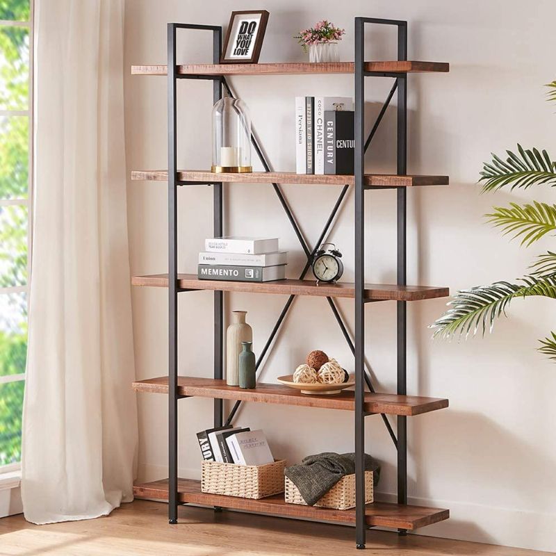 Photo 1 of HSH Solid Wood Bookcase, 5 Tier Industrial Rustic Vintage Etagere Bookshelf, Open Metal Farmhouse Book Shelf, Distressed Brown
