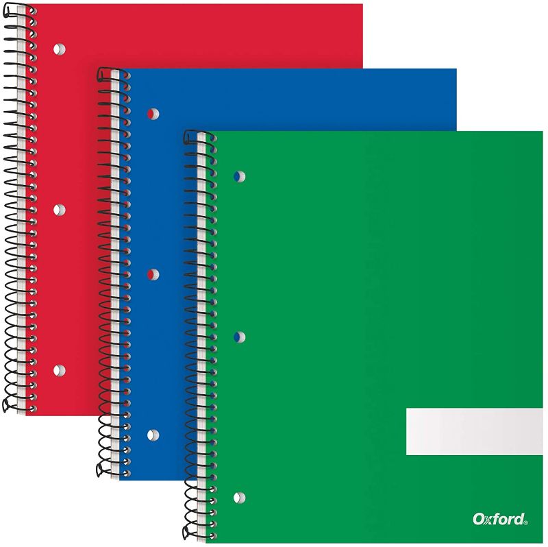 Photo 1 of Oxford Spiral Notebooks, 3 Subject, College Rule, Durable Covers, Heavy-duty Coil, 3 Pockets, 8.5 x 11, 150 Sheets, Red, Blue, Green, 3/Pack (89703)
