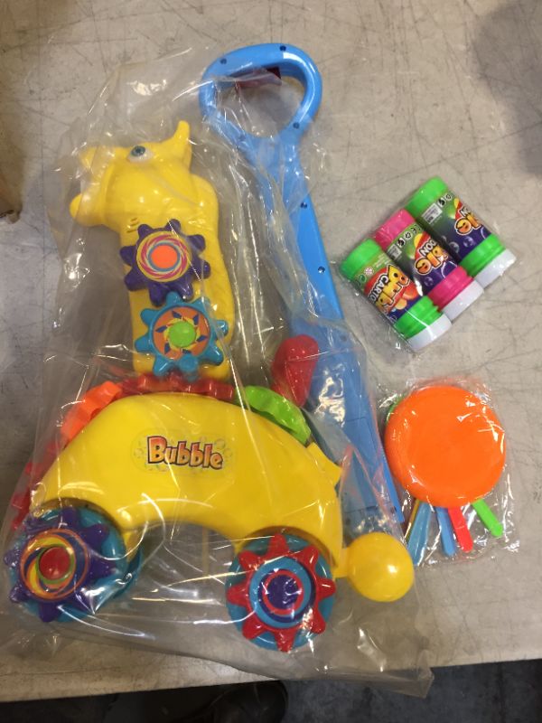 Photo 1 of Icnice Bubble Mower, Bubble Machine for Kids Toddlers Automatic Bubble Blower Anti-Leak Bubble Maker Lawn Game Include Bubble Wand Outdoor Push Toy Music Light Projector Baby Walker-5 Bubble Solution
