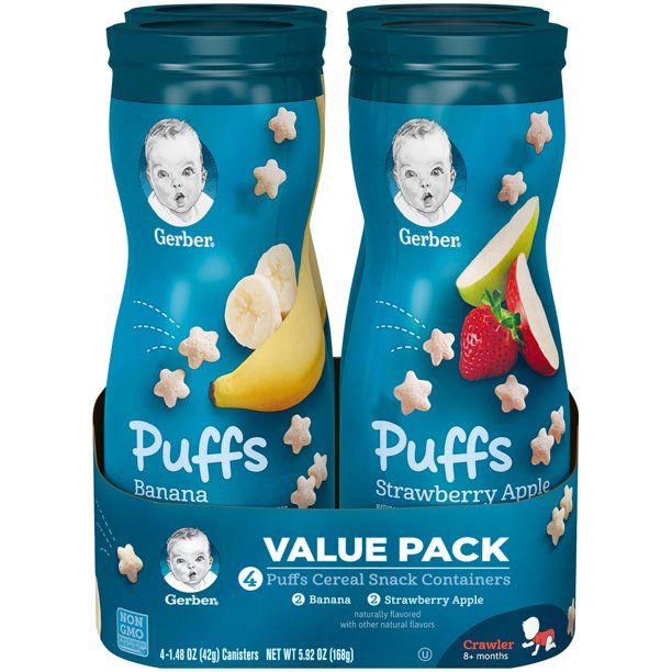 Photo 1 of Gerber Puffs Stage 2 Baby Cereal Snacks Banana and Apple Strawberry Variety Pack, 1.48 oz, Canister 4 count (Pack of 4)
