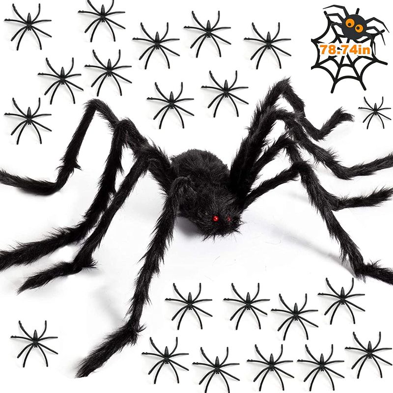 Photo 1 of 22 PCS Halloween Decorations, 6.6FT Giant Spider with 11.5FT Huge Round Spider Web Set 78.74 inch Large Fake Halloween Scary Spider Props for Outdoor Yard Halloween Party Decor (3 pack)
