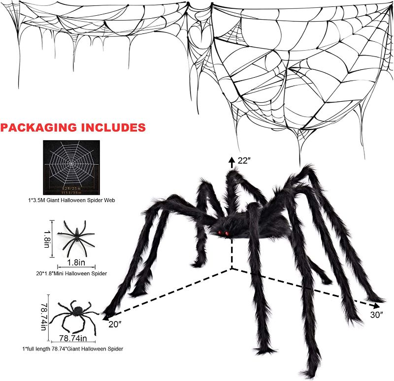 Photo 2 of 22 PCS Halloween Decorations, 6.6FT Giant Spider with 11.5FT Huge Round Spider Web Set 78.74 inch Large Fake Halloween Scary Spider Props for Outdoor Yard Halloween Party Decor (3 pack)
