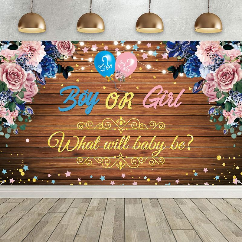 Photo 2 of Gender Reveal Backdrop Banner Boy or Girl Gender Reveal Party Backdrop Decoration Fabric Floral Wooden Baby Gender Photography Background What Will Baby Be Pregnancy Reveal Yard Sign,72.8 x 43.3 Inch

