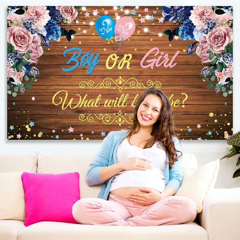 Photo 1 of Gender Reveal Backdrop Banner Boy or Girl Gender Reveal Party Backdrop Decoration Fabric Floral Wooden Baby Gender Photography Background What Will Baby Be Pregnancy Reveal Yard Sign,72.8 x 43.3 Inch

