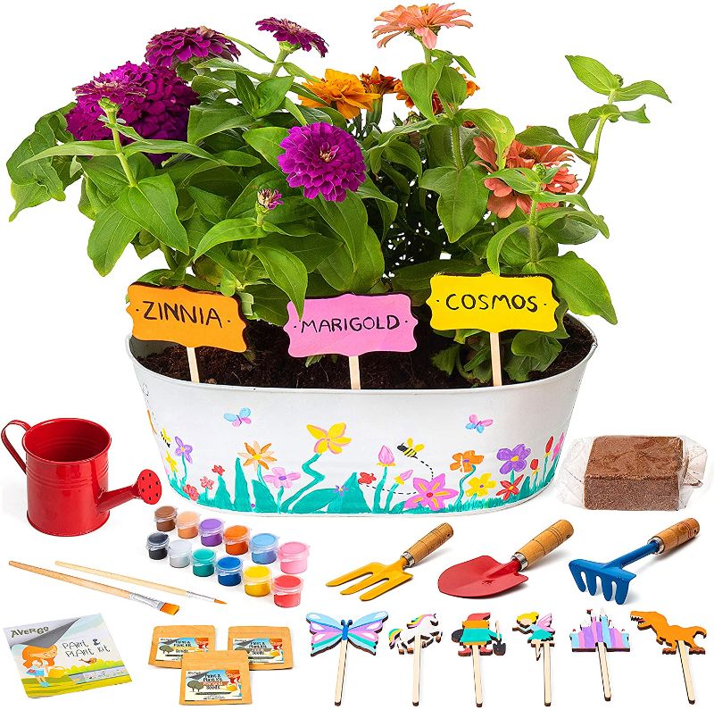 Photo 1 of Plant Kit for Kids - Paint and Plant Flower Growing Kit | Gardening Kit Gifts for 5-10 Year Old Girls with Gardening Tools for Kids - 12 Paints, Planter, Flower Seeds - Kids STEM & Crafts Science Kit
