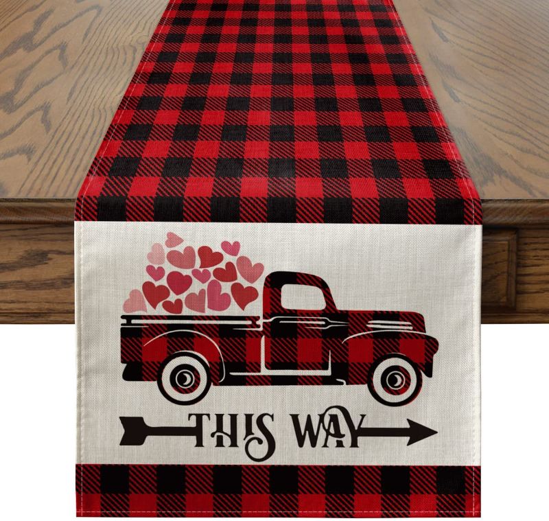 Photo 1 of Artoid Mode Love Buffalo Love Heart Truck Table Runner, Seasonal Valentine's Day Anniversary Wedding Holiday Kitchen Dining Table Runners for Home Party Decor 13 x 108 Inch
