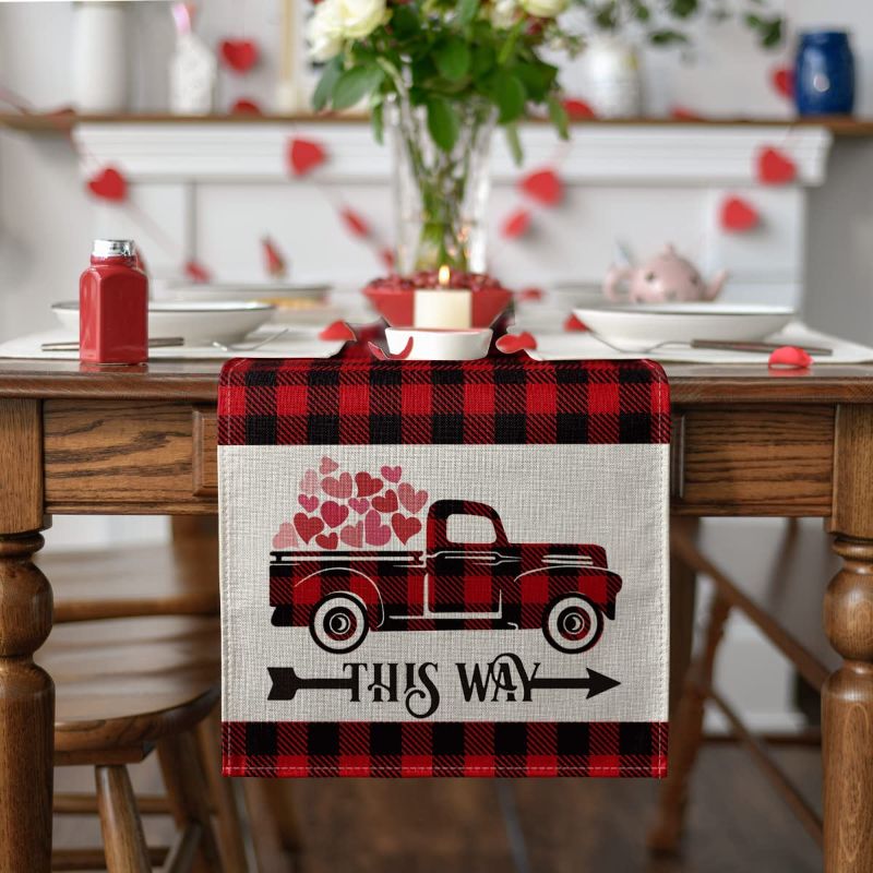 Photo 2 of Artoid Mode Love Buffalo Love Heart Truck Table Runner, Seasonal Valentine's Day Anniversary Wedding Holiday Kitchen Dining Table Runners for Home Party Decor 13 x 108 Inch
