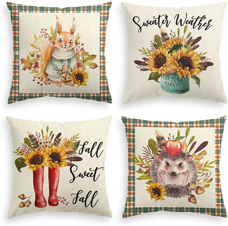 Photo 1 of AVOIN colorlife Fall Sweet Fall Thanksgiving Watercolor Scottish Plaid Throw Pillow Covers Sunflower Squirrel Hedgehog, 18 x 18 Inch Autumn Farmhouse Cushion Case for Sofa Couch Set of 4
