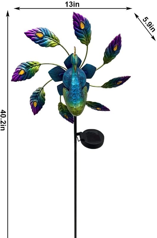 Photo 2 of 40 Inch Peacock Solar Wind Spinner, Metal Kinetic Windmill Wind Spinner Sculpture Solar Garden Stake Light Outdoor Decorative for Yard Garden Lawn Pathway Decor Ornament Gift
