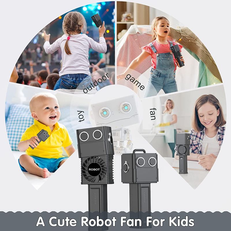 Photo 2 of Kid Robot Handheld Fan, color-change Head Robot Toy - Small Handheld Fan with 3 Speed for Desk, Outdoors, Hiking, Camping, Travel - Black
