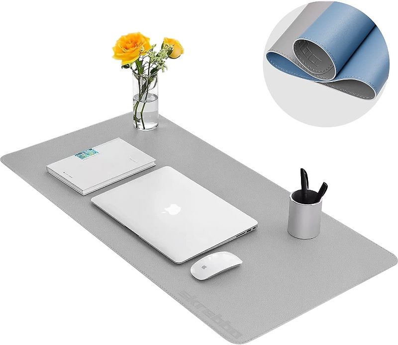 Photo 1 of Leather Desk Pad Protector,Mouse Pad,Office Desk Mat, Non-Slip PU Leather Desk Blotter, Waterproof Desk Writing Pad for Office and Home (31.5" x 15.7", Gray/Blue)
