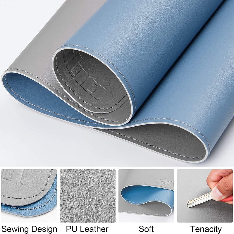 Photo 2 of Leather Desk Pad Protector,Mouse Pad,Office Desk Mat, Non-Slip PU Leather Desk Blotter, Waterproof Desk Writing Pad for Office and Home (31.5" x 15.7", Gray/Blue)
