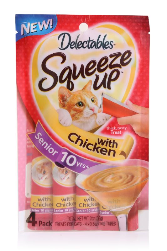 Photo 1 of  Delectables Squeeze up Cat Treats with Chicken, Senior 10+ Years, 8 pack (4 in each)
exp jan 07/2023