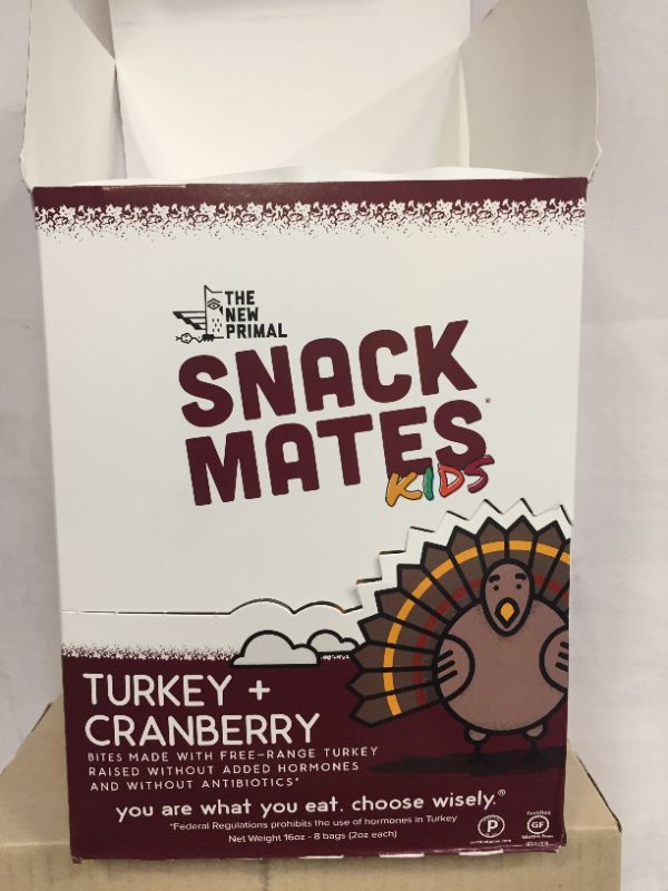 Photo 2 of ?Snack Mates by The New Primal Turkey & Cranberry Bites, High Protein and Low Sugar Kids Snack, Bite-Sized, Certified Paleo, Certified Gluten Free, Soy Free, 2 Oz Per Pack (8 Pack)
exp 09/01/2021