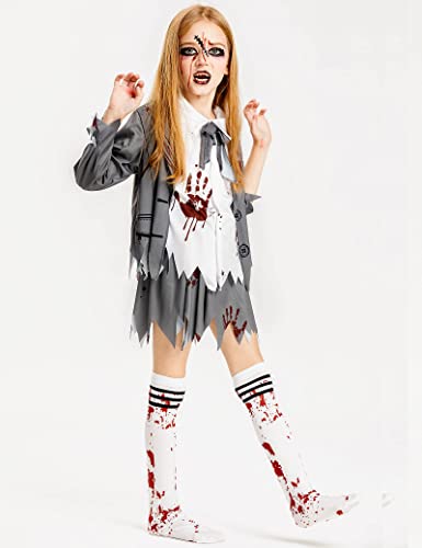 Photo 1 of IKALI Zombie Halloween Costume, Girls Boys Women Cheerleader High School Prisoner Bride Nurse Bloody Kids Fancy Dress Outfit Sz 4-6 Years
