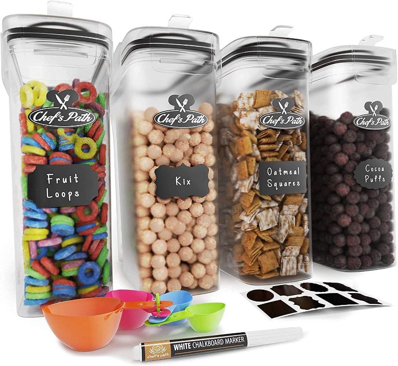 Photo 1 of Cereal Containers Storage Set, Airtight Food Storage Containers, Kitchen & Pantry Organization, 8 Labels, Spoon Set & Pen, Great for Flour - BPA-Free Dispenser Keepers (135.2oz) - Chef’s Path (4)
