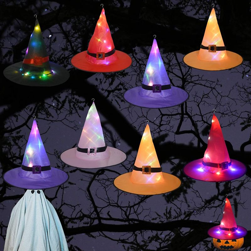 Photo 1 of ZeeDix 8Pcs Halloween LED Glowing Witch Hat- Hanging Lighted Glowing Witch Hat Flash Modes for Indoor, Outdoor, Yard, Tree, Party Festival Supplies Decorations
