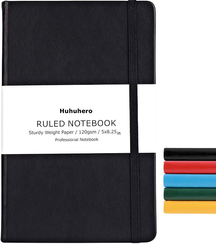 Photo 1 of 2PACK - Huhuhero Notebook Journal, Classic Ruled Hard Cover, 120Gsm Premium Thick Paper with Fine Inner Pocket, Black Faux Leather for Journaling Writing Note Taking Diary and Planner, 5"×8.25"(1,Black)
