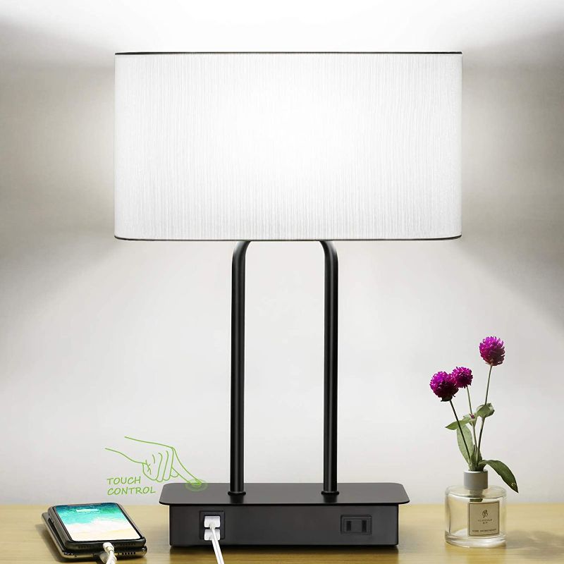 Photo 1 of Bedside Touch Control Table Lamp with Dual USB Charging Ports 1 AC Outlet, 3 Way Dimmable Modern Nightstand Lamp with White Fabric Shade, Desk Lamp for Bedroom Living Room Office with 5000K LED Bulb
