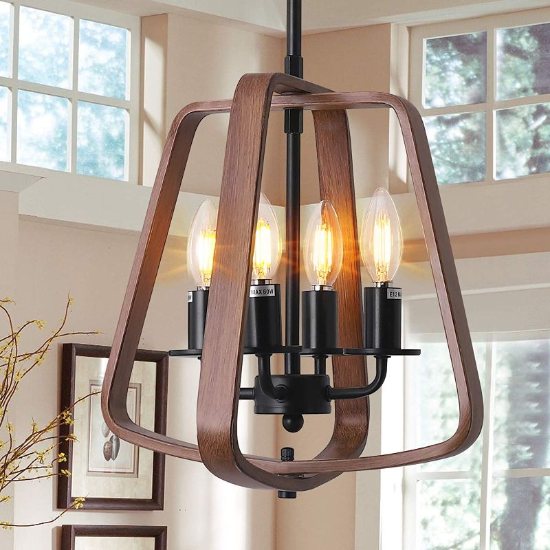 Photo 1 of 4-Lights Farmhouse Chandelier Rustic Pendant Light Wood Metal Farmhouse Dining Room Light, Kitchen Island Pendant Light with Oil Rubbed Bronze Finish, Adjustable Height
