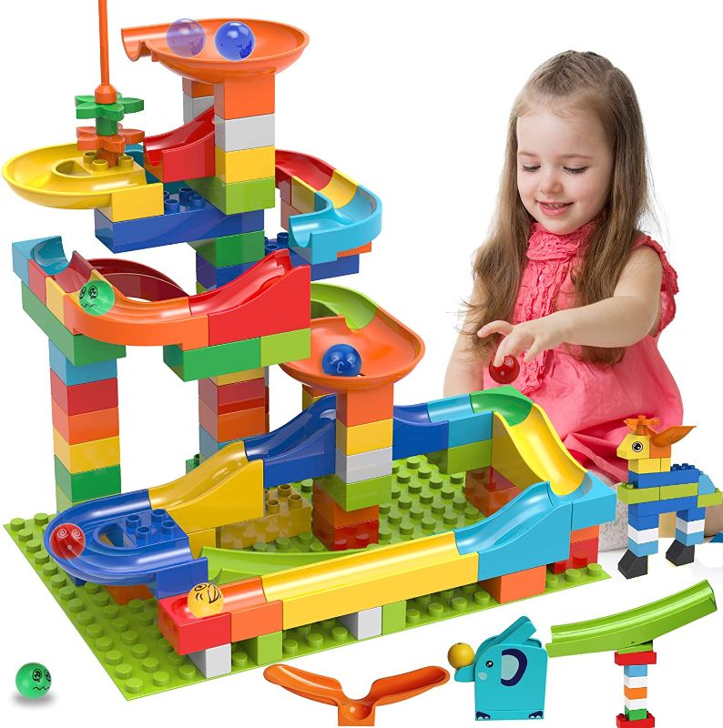 Photo 1 of COUOMOXA Marble Run Building Blocks Classic Big Blocks STEM Toy Bricks Set Kids Race Track Compatible with All Major Brands 110 PCS Various Track Models for Boys Girls Toddler Age 3,4,5,6,7,8+
