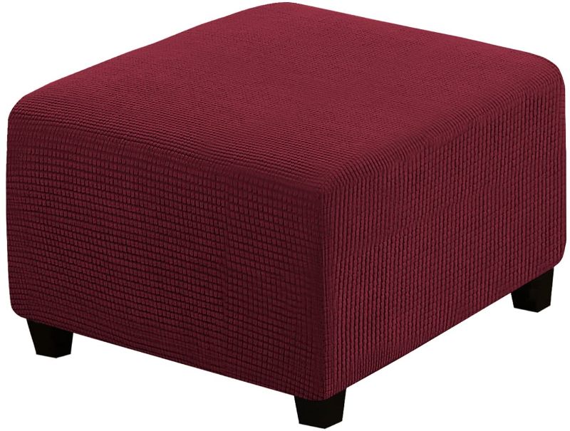 Photo 1 of H.VERSAILTEX Square Ottoman Covers Ottoman Slipcovers Folding Storage Stool Furniture Protector Form Fit with Elastic Bottom, Stretch High Spandex Small Checks Jacquard Fabric(Medium,Burgundy Red)
