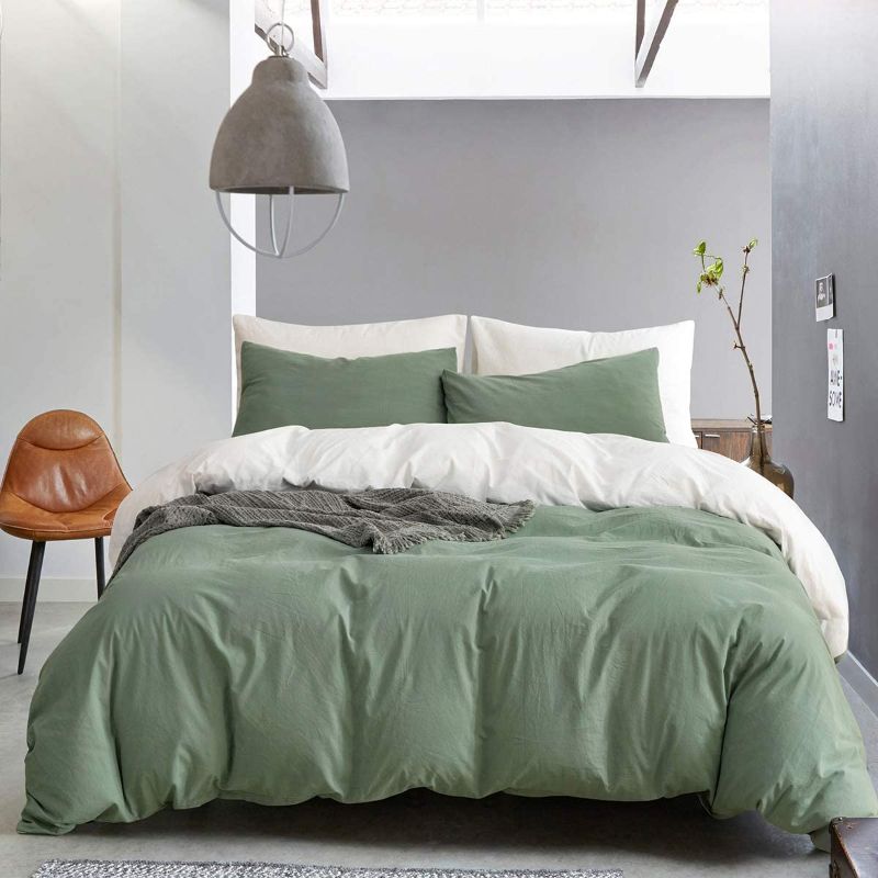 Photo 1 of ECOCOTT Duvet Cover Set Queen, 100% Washed Cotton Reversible 1 Sage Green & White Duvet Cover with Zipper and 2 Pillowcases, Ultra Soft and Easy Care Breathable Cozy Bedding Set
