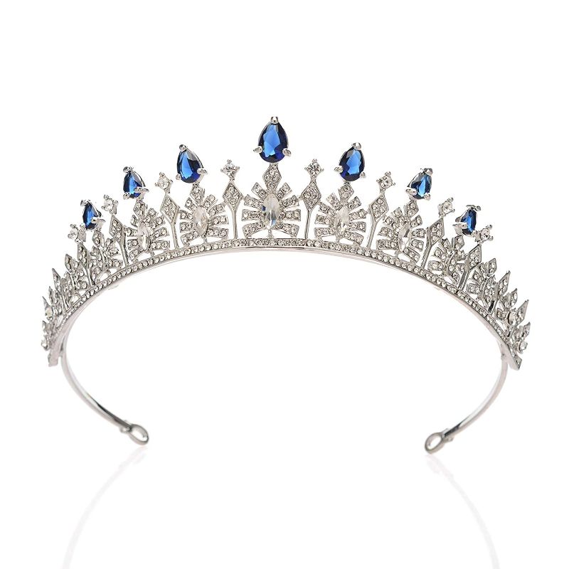 Photo 1 of SWEETV Cubic Zirconia Wedding Tiara for Bride & Flower Girls - Princess Tiara Headband Bridal Crown, Bridal Hair Accessories for Women, Royal Blue
