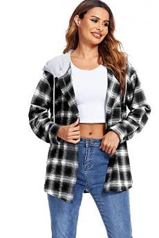 Photo 1 of Hotouch Womens Flannel Shirts Plaid Hoodie Jacket Long Sleeve Button Down Blouse Tops Casual Boyfriend Shirt with Pocket
M