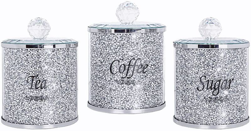 Photo 1 of Canisters Set for Sugar Coffee Tea - SHYFOY Crushed Diamond Decorations Food Storage Containers Sets with Lids, Glass Modern Decor Jar for Kitchen Counter Countertop Home Bar (Set of 3) Silver
