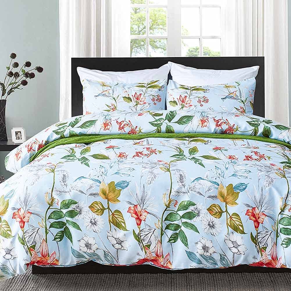 Photo 1 of Floral Duvet Cover Queen Size - 3 Piece Farmhouse Vintage Flowers and Leaves Printed / Botanical Pattern Microfiber Comforter Cover Set - Soft and Lightweight Quilt Cover, Light Blue
