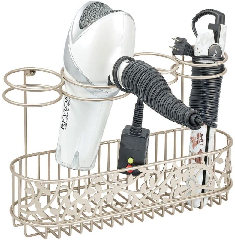 Photo 1 of Bathroom Wall Mount Hair Care & Styling Tool Organizer Storage Basket for Hair Dryer, Flat Iron, Curling Wand, Hair Straighteners, Brushes--Chrome, 1 of the compartments are bent 