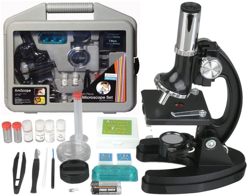 Photo 1 of AmScope 120X-1200X 52-pcs Kids Beginner Microscope STEM Kit with Metal Body Microscope, Plastic Slides, LED Light and Carrying Box (M30-ABS-KT51),Black
