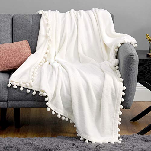 Photo 1 of Bedsure Fleece Throw Blanket Pom Pom Blankets - Light Grey Throw Blanket for Couch - Cute Cozy Plush Throw Blanket