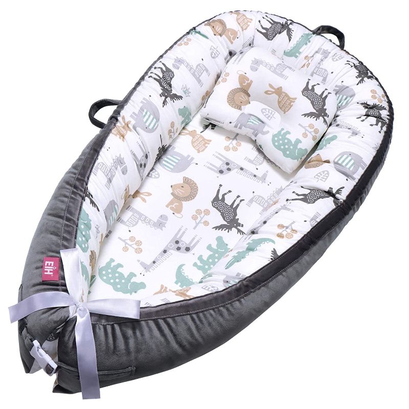 Photo 1 of EIH Baby Lounger, Baby Nest Portable Baby Bassinet Ultra Soft Breathable Newborn Lounger with Pillow Adjustable for Crib & Bassinet Mattress Perfect for Co-Sleeping Traveling and Shower Gift (Animal)
